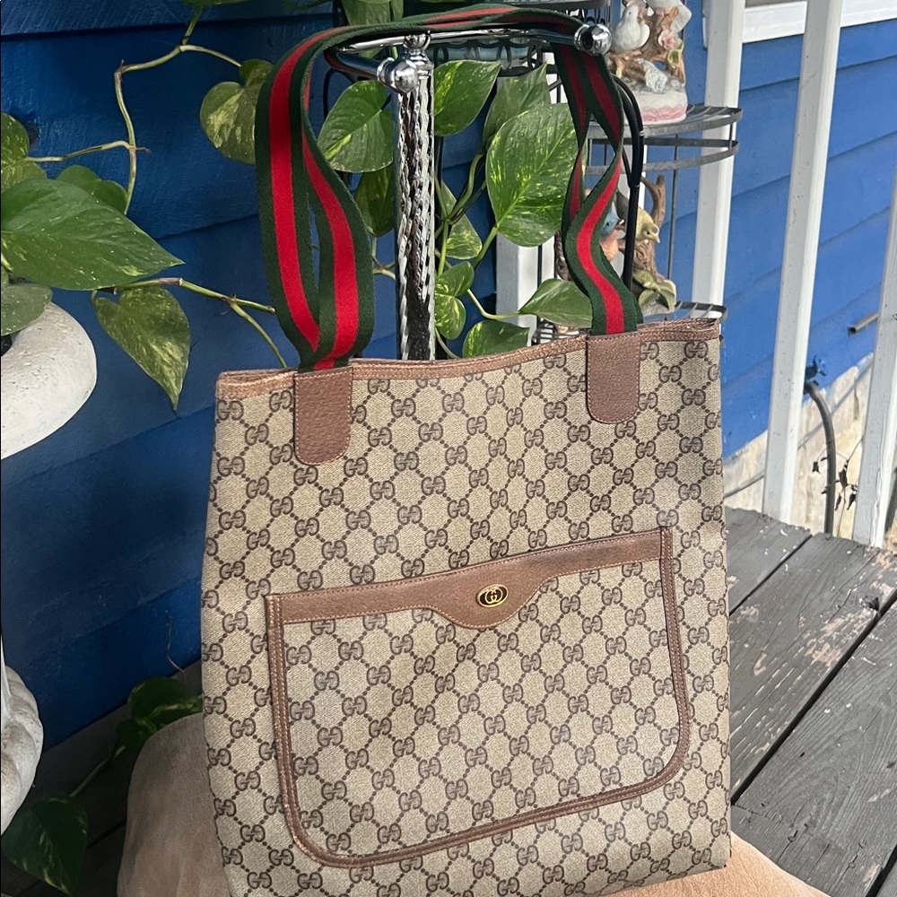Gucci Tan Monogram Tote with Red and Green Straps